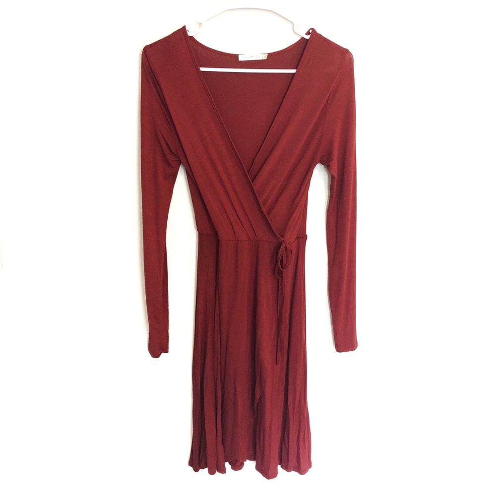 Heart & Hips Faux Wrap Dress Wine Red Long Sleeve